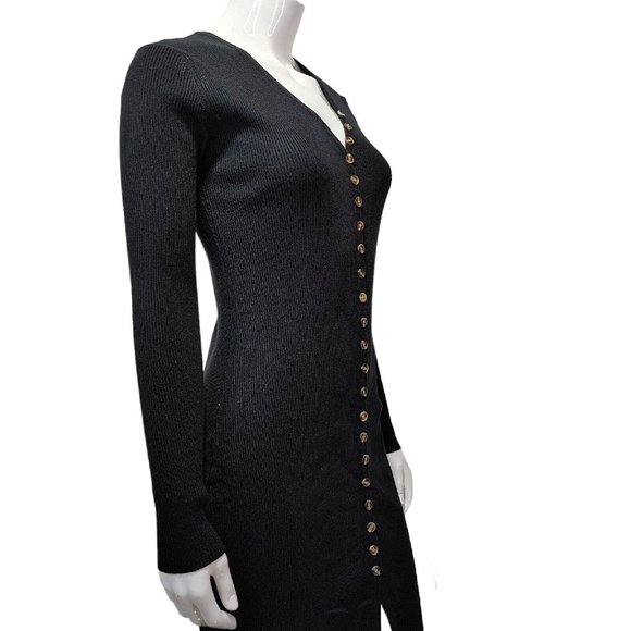Black Deep V Neck Button Down Long Knit Bodycon Dress / Long Sleeve  Siz… - Picture 6 of 16